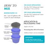 Instructional graphic showing how to mix Blond Plex Charcoal Lightener Kit with cream developer (1:2 ratio), application guidelines, and processing time.