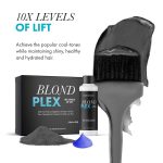 The Blond Plex Charcoal Lightener Kit includes a gray-coated brush, a "BLOND PLEX" box, a developer bottle, gray powder, and purple cream.