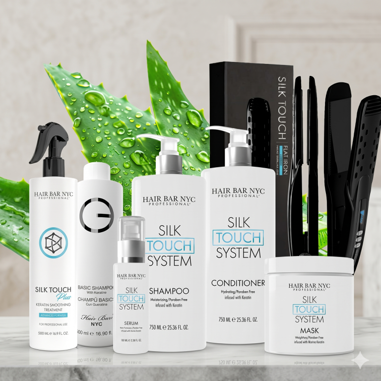 The Silk Touch Plus Keratin Treatment Complete Kit, along with shampoo, conditioner, serum, mask, spray, and a flat iron, is displayed against a backdrop of green aloe leaves.
