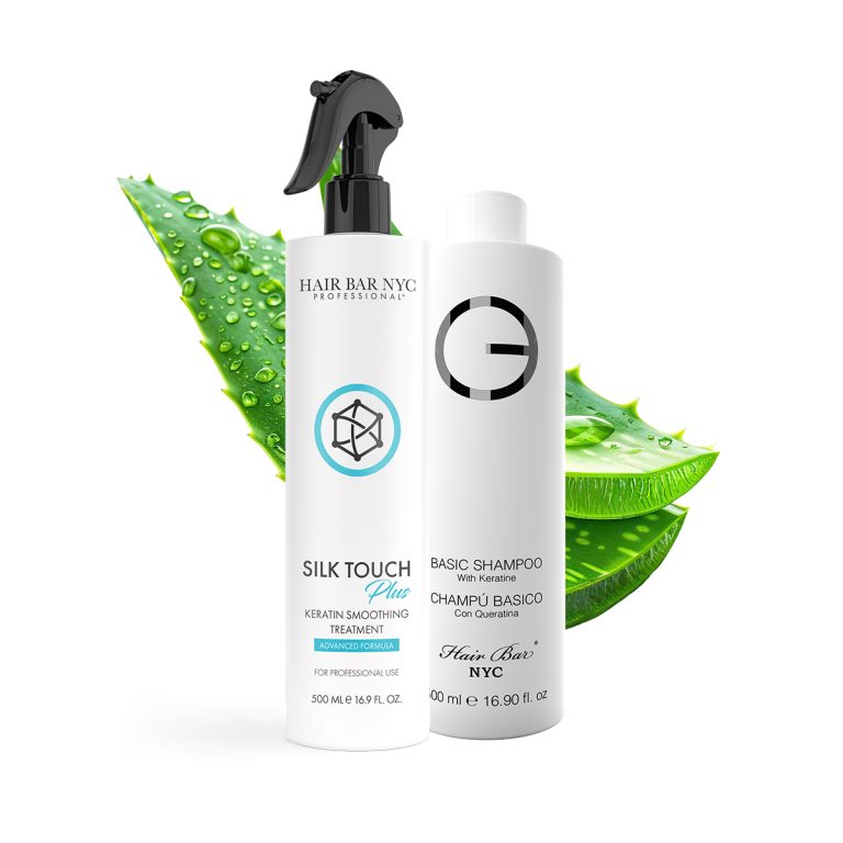 The Silk Touch Plus Keratin Treatment Intro Kit from Hair Bar NYC is displayed with a Basic Shampoo in front of a fresh aloe vera leaf on a white background.