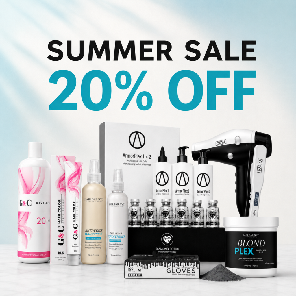 A collection of hair care products and tools arranged together, with text above reading “Summer Sale 20% Off” in bold black and blue letters.