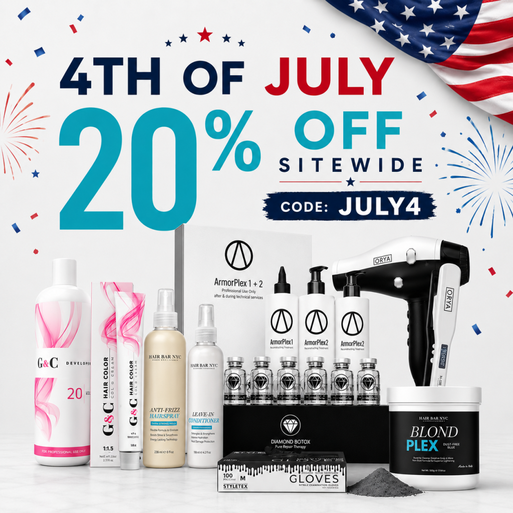 Promotional image for a 20% off sitewide sale for 4th of July on hair products, featuring a discount code "JULY4" and various hair care and treatment items displayed.