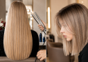 Side-by-side images showing a woman with long straight blonde hair before a haircut and with a short, straight blonde bob after the haircut.