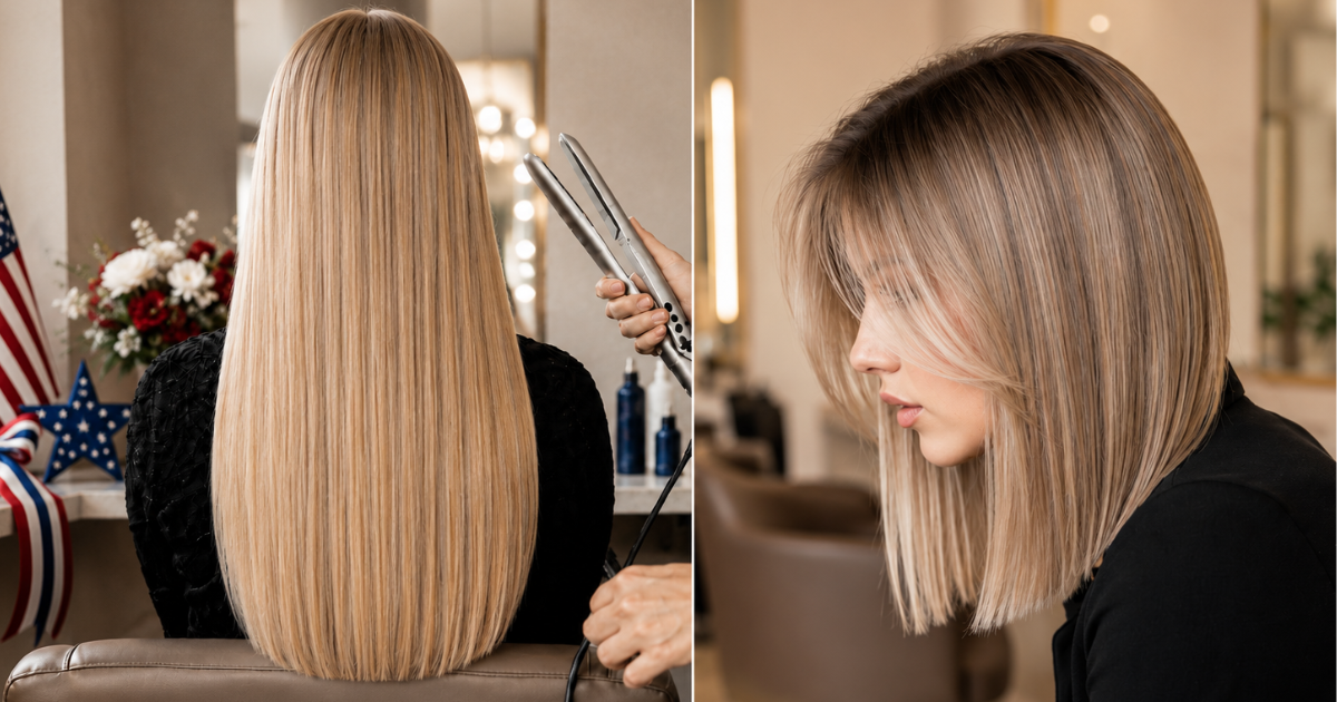 Side-by-side images showing a woman with long straight blonde hair before a haircut and with a short, straight blonde bob after the haircut.